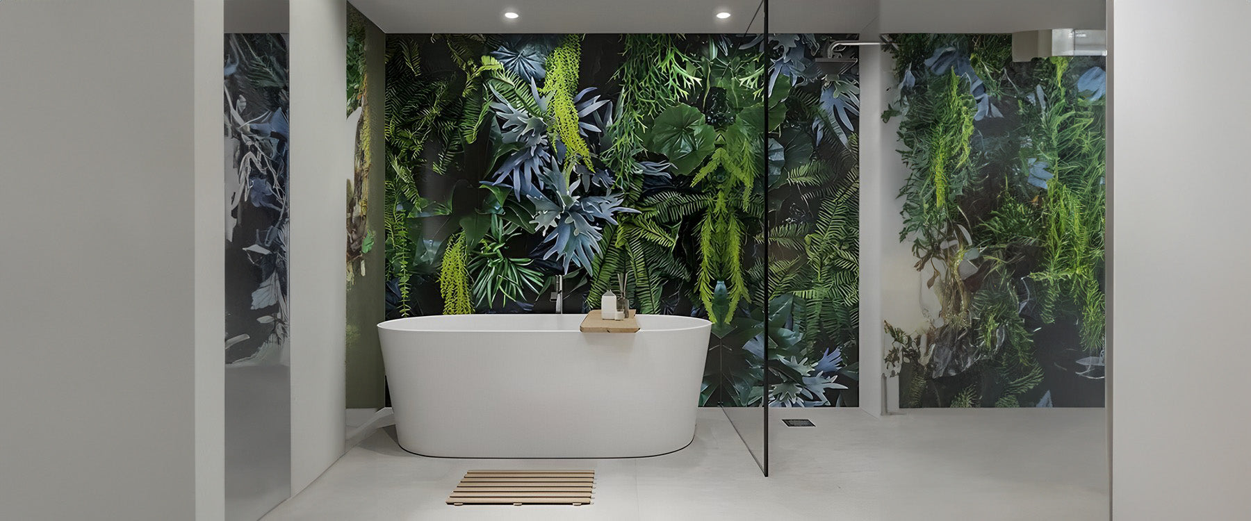 a bathroom waterproof painting of jungle plants 