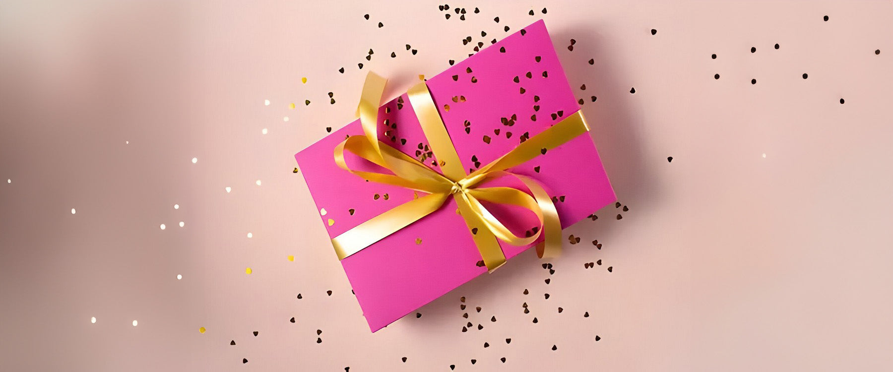 A pink gift box wrapped in a gold ribbon