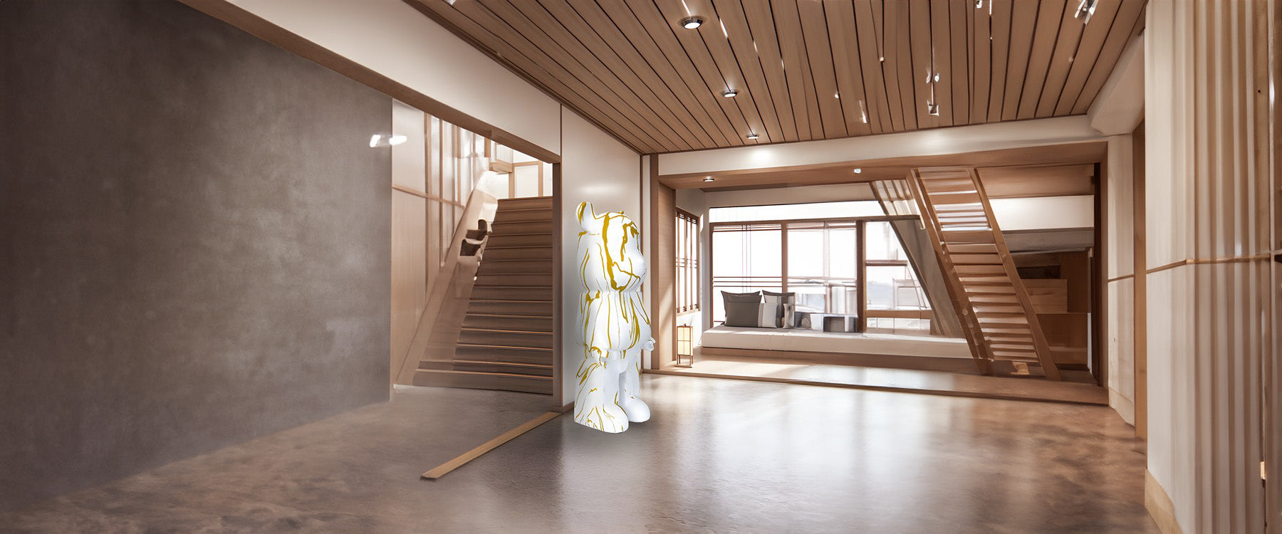 a white and gold giant bear sculpture in a modern home hallway 