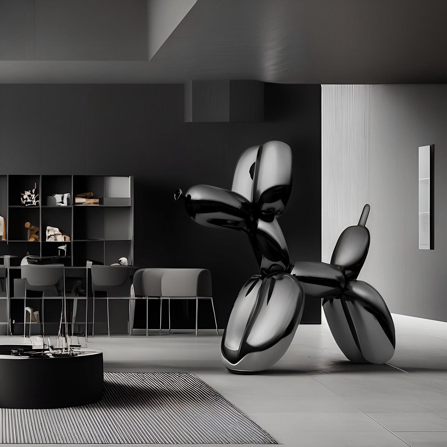 Glossy black balloon dog sculpture displayed in a minimalist interior, adding a playful yet sophisticated artistic element to the space.