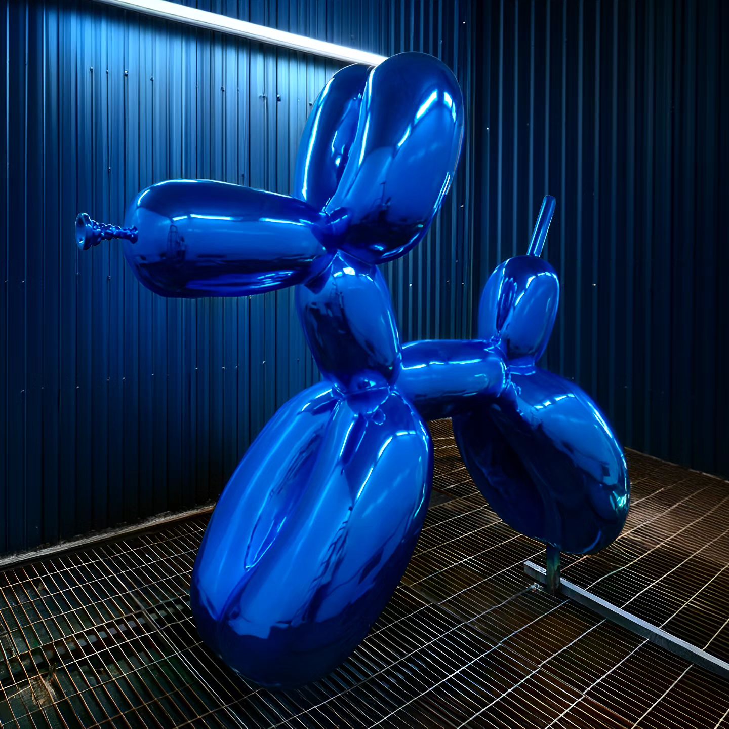 Blue metallic dog sculpture displayed in a sleek, modern indoor setting. Perfect for contemporary art installations.