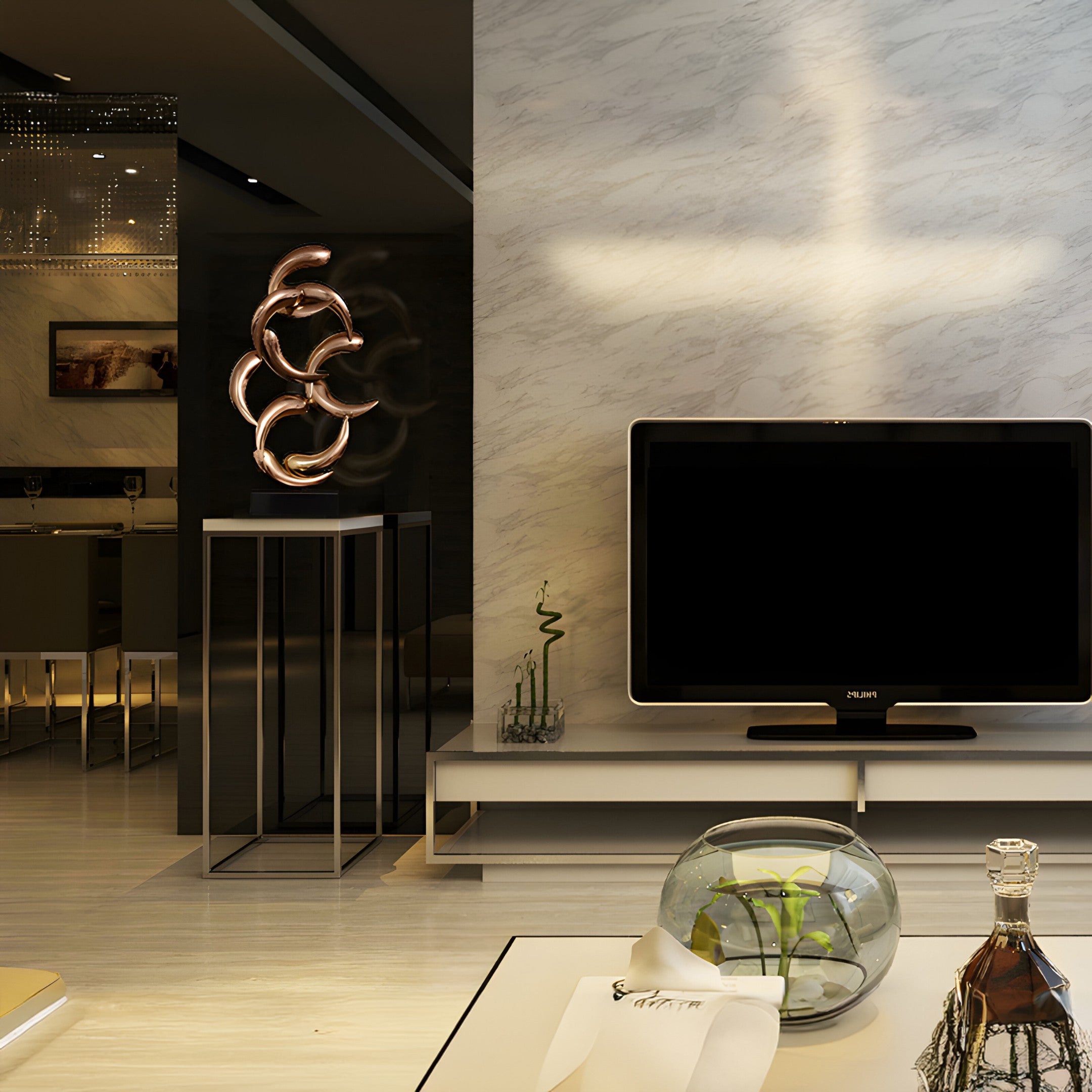 Copper abstract sculpture art placed beside a TV in a sleek interior, highlighting its artistic curves and reflective surface, perfect for blending into modern living spaces.