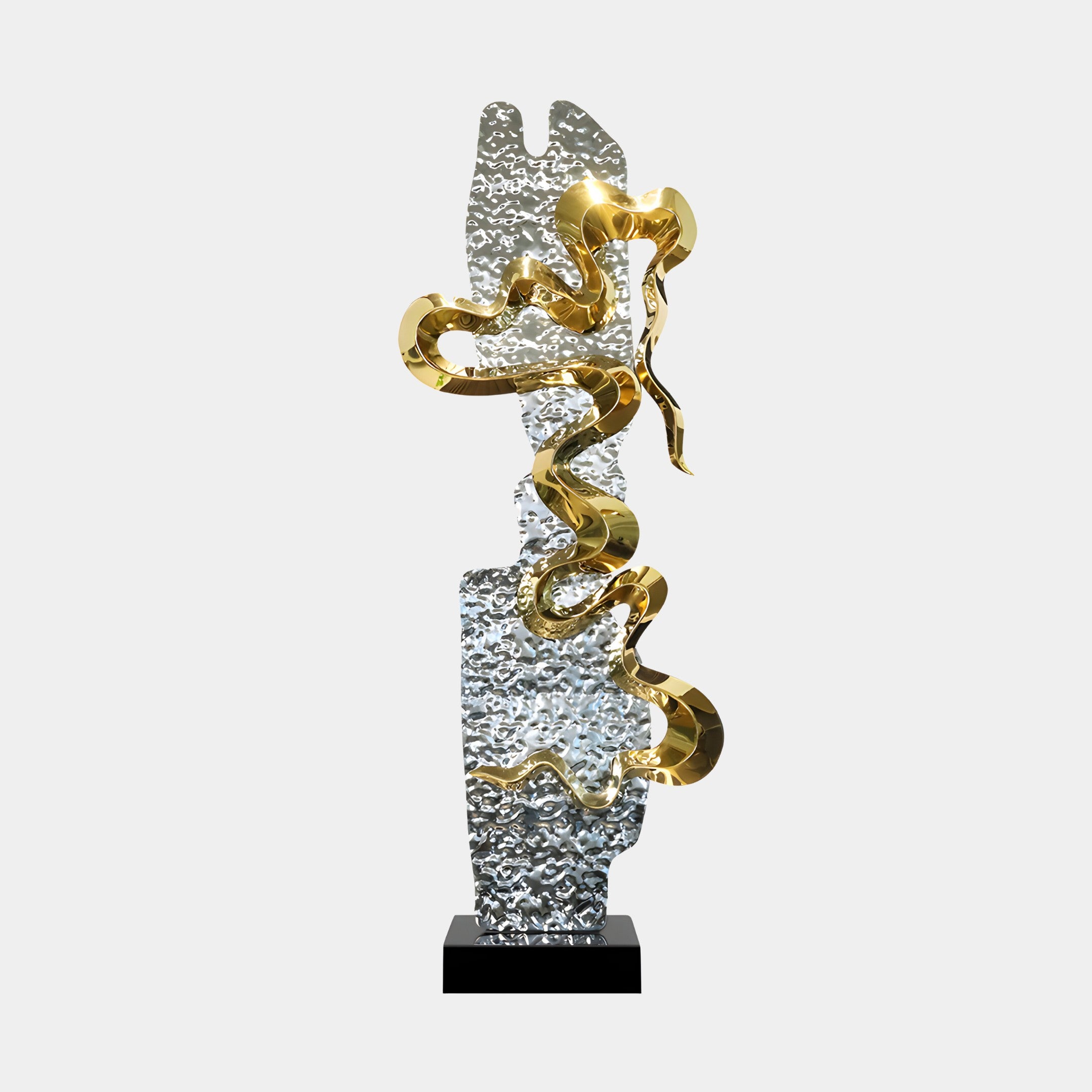 Harmony stainless steel sculpture with intertwined gold accents, blending organic shapes with a sleek modern aesthetic. An ideal statement piece for contemporary interiors.