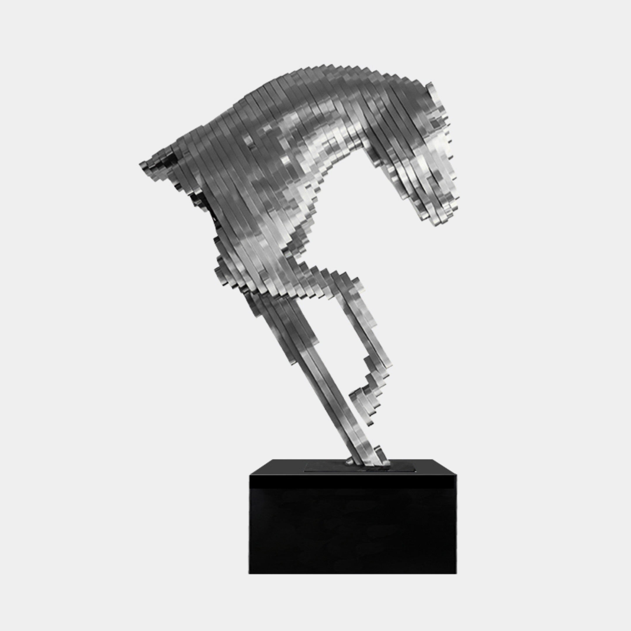 Silver stainless steel horse sculpture in a dynamic mid-gallop abstract design, reflecting light with a modern geometric form. Ideal for contemporary spaces.