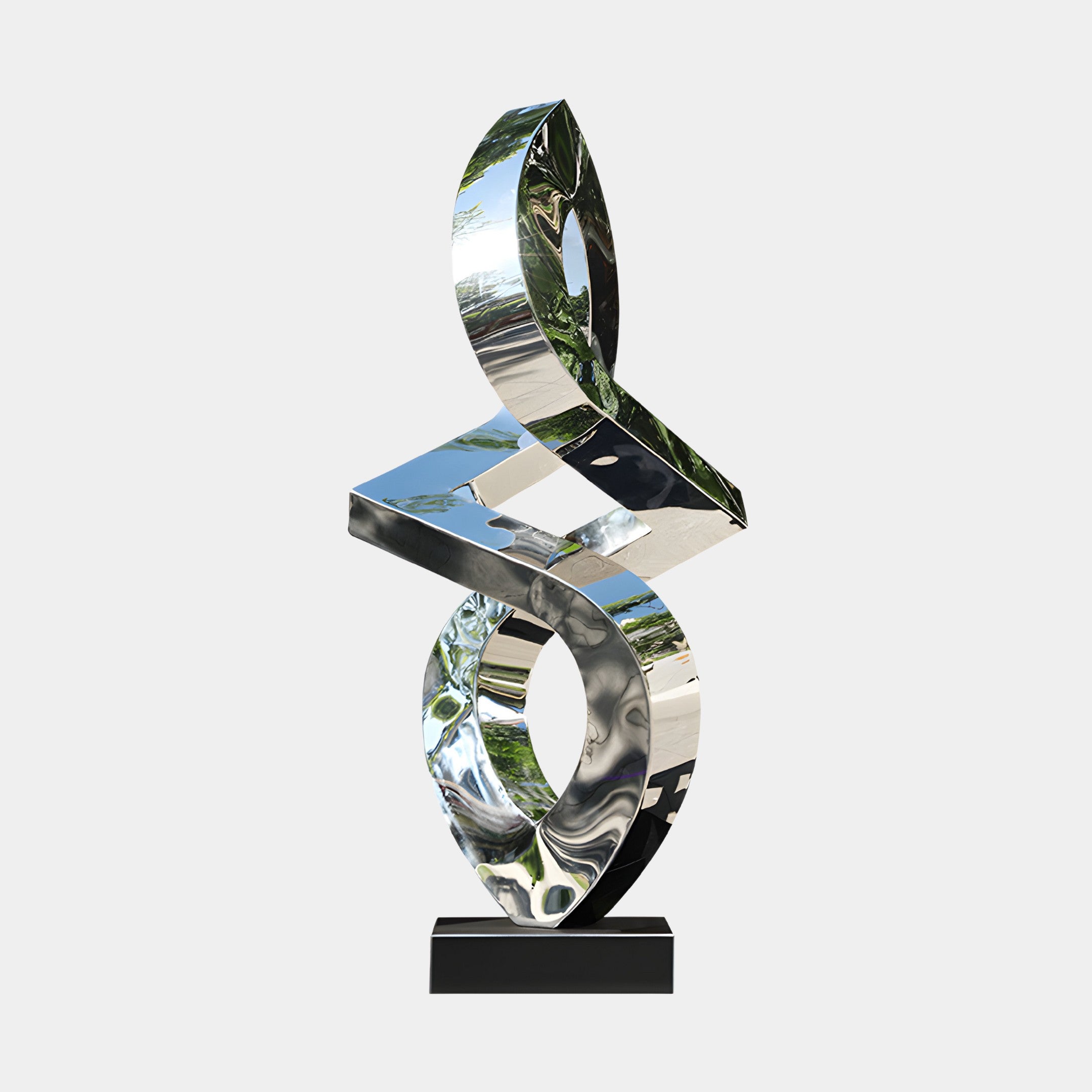 Infinity Arc stainless steel sculpture with a fluid, twisting form on a black base, designed for modern outdoor spaces.