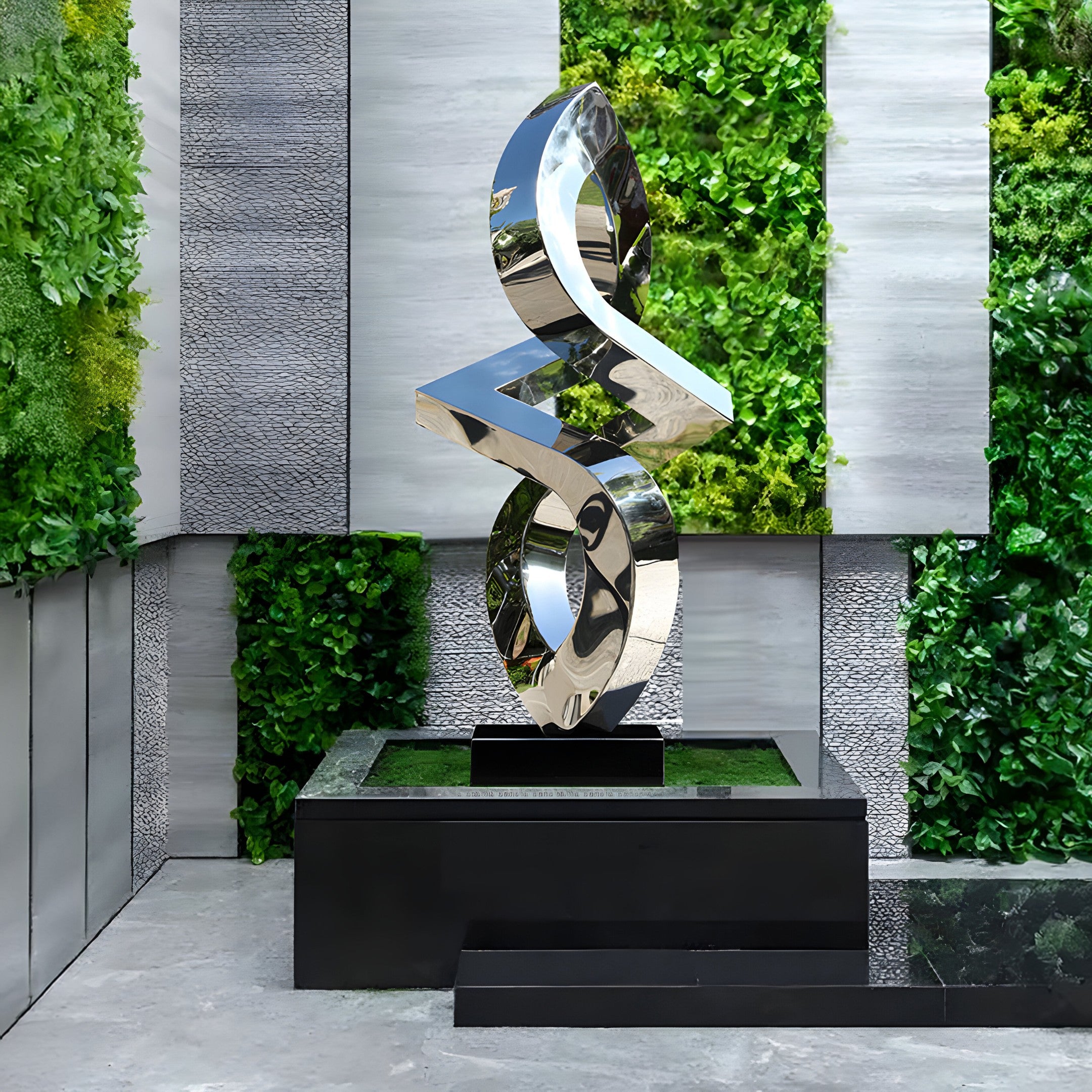 Infinity Arc stainless steel sculpture showcased in a landscaped garden, reflecting light and blending with greenery.