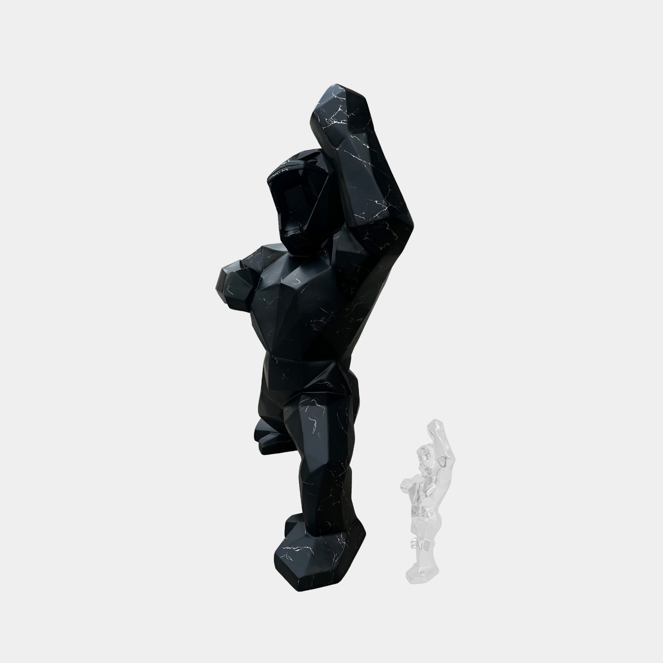 Side view of 165cm Black Stone Gorilla Sculpture highlighting bold geometric design, perfect for contemporary art settings.