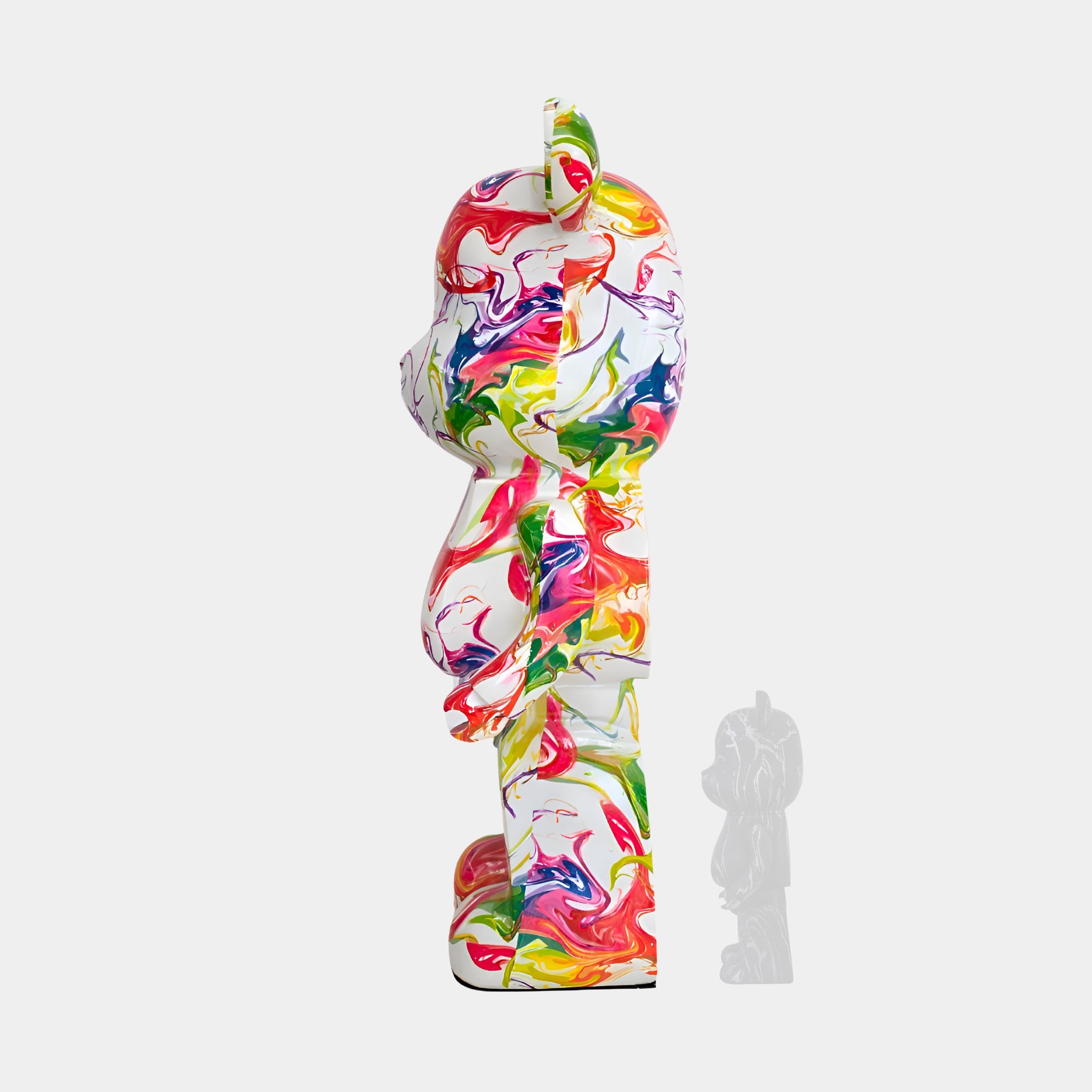 Profile view of the Vogue bear sculpture, showcasing dynamic color movements and a bold artistic statement.