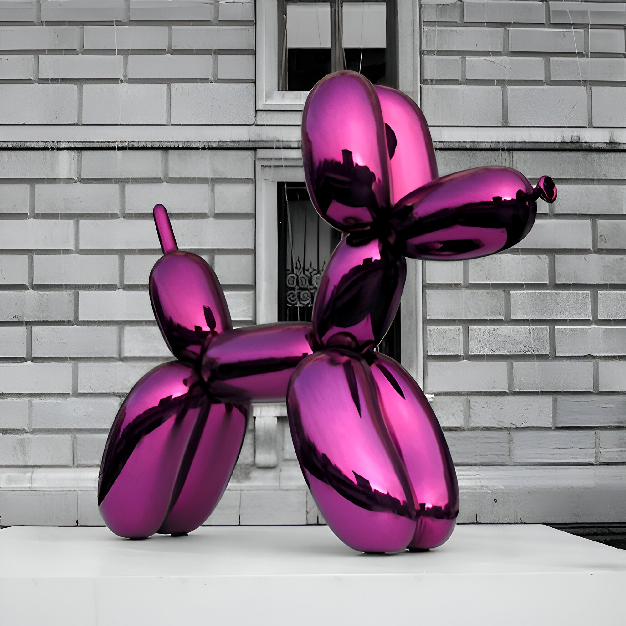 200cm giant dog sculpture in Phantom Purple with a glossy electroplated finish, showcased against a grayscale urban background, highlighting its vibrant reflective surface.